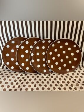 Set of 4 Vintage Brown with White Polka Dot Salad Plates